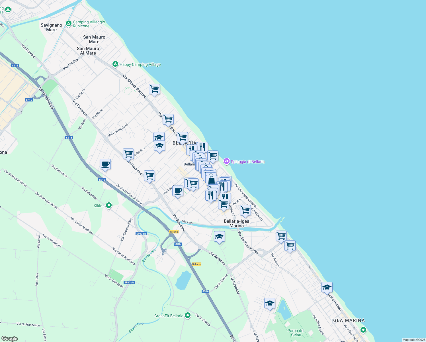 map of restaurants, bars, coffee shops, grocery stores, and more near 4 Via G. Pascoli in Bellaria