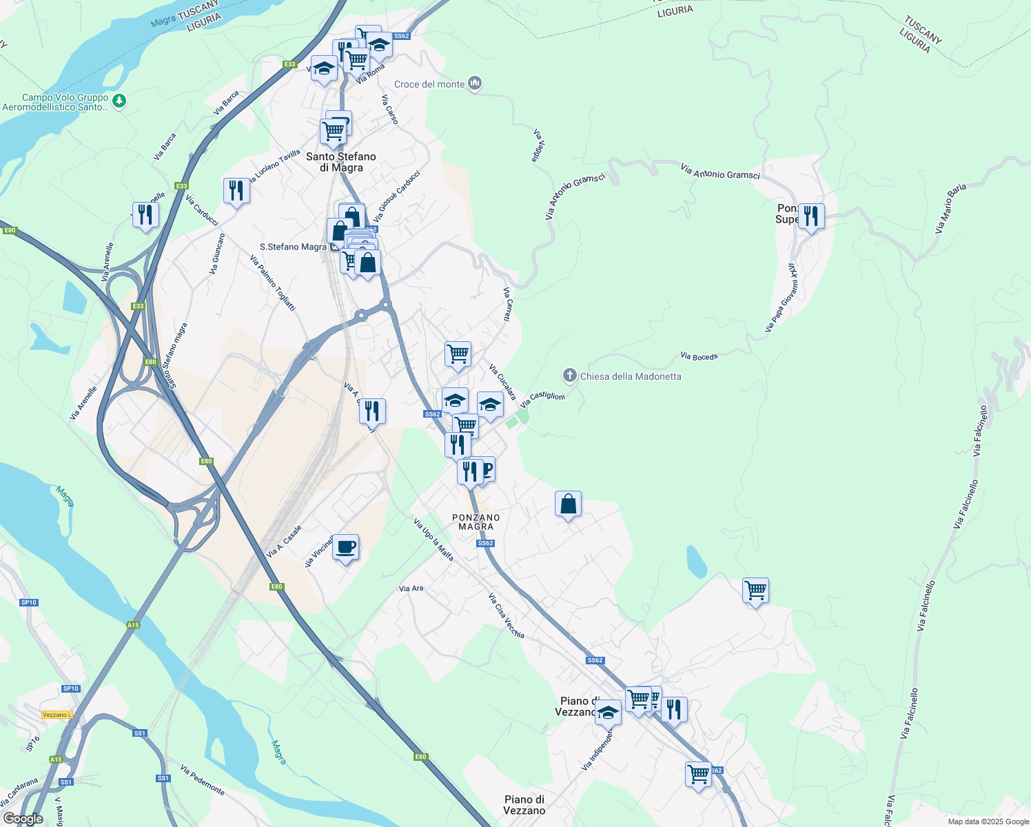 map of restaurants, bars, coffee shops, grocery stores, and more near 40 Via Castiglioni in Santo Stefano di Magra
