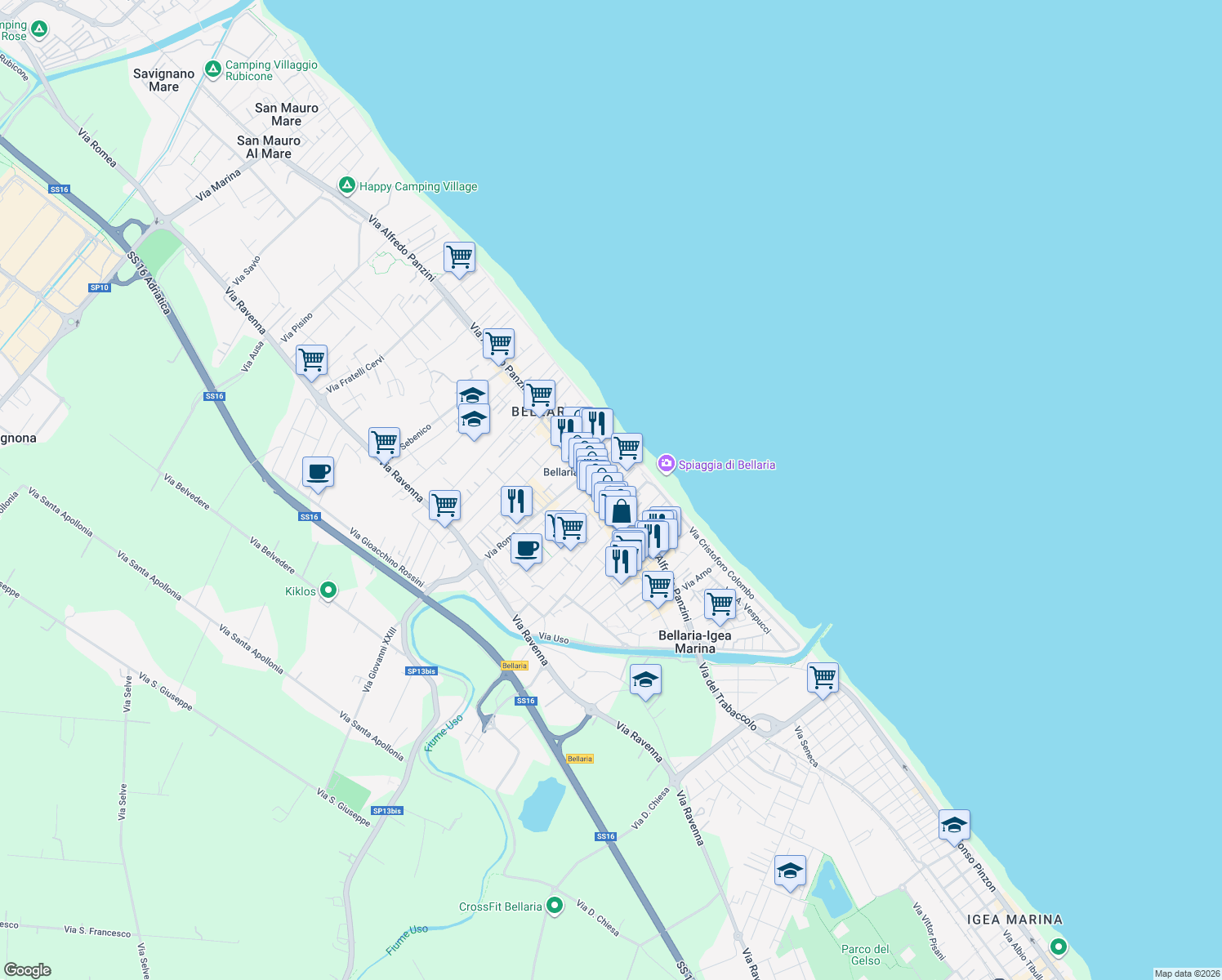 map of restaurants, bars, coffee shops, grocery stores, and more near 5 Piazzale Antonio Gramsci in Bellaria