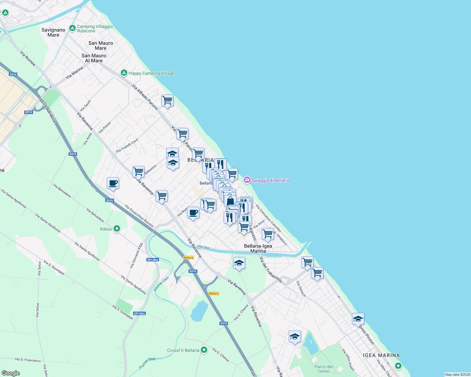 map of restaurants, bars, coffee shops, grocery stores, and more near 4 Viale G. Pascoli in Bellaria-Igea Marina