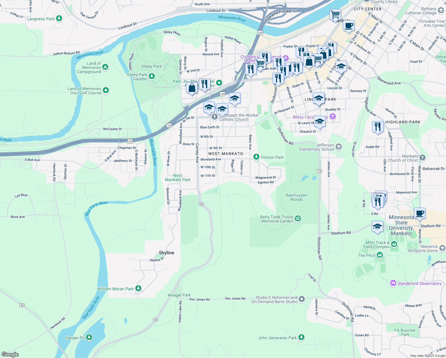 map of restaurants, bars, coffee shops, grocery stores, and more near 10 Ridgewood Street in Mankato