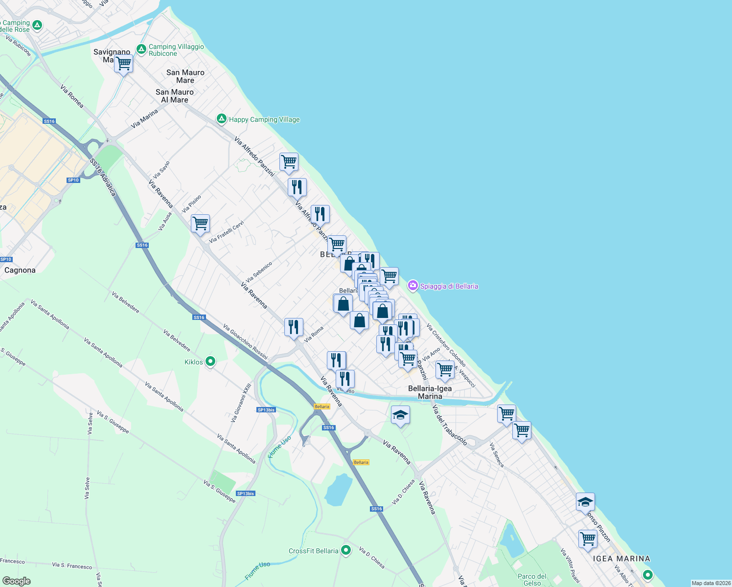 map of restaurants, bars, coffee shops, grocery stores, and more near 5 Piazzale Antonio Gramsci in Bellaria