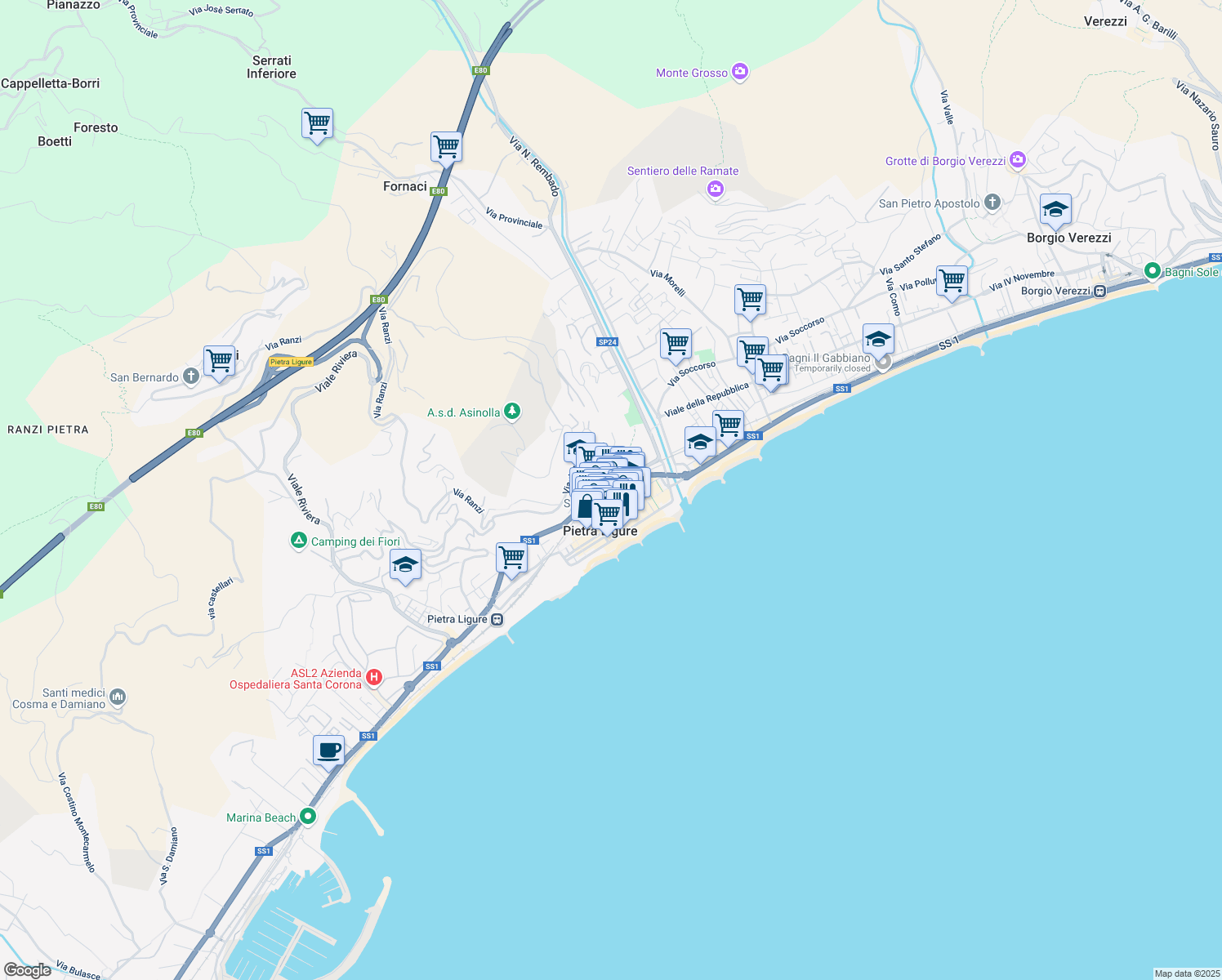 map of restaurants, bars, coffee shops, grocery stores, and more near Via Aurelia in Pietra Ligure