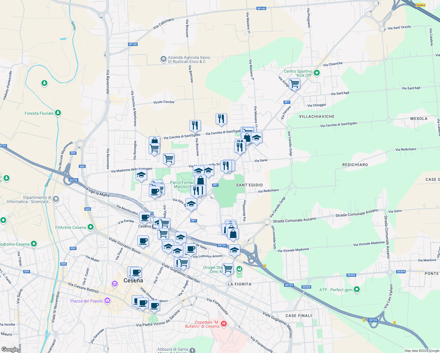 map of restaurants, bars, coffee shops, grocery stores, and more near 915 Via Cervese in Cesena