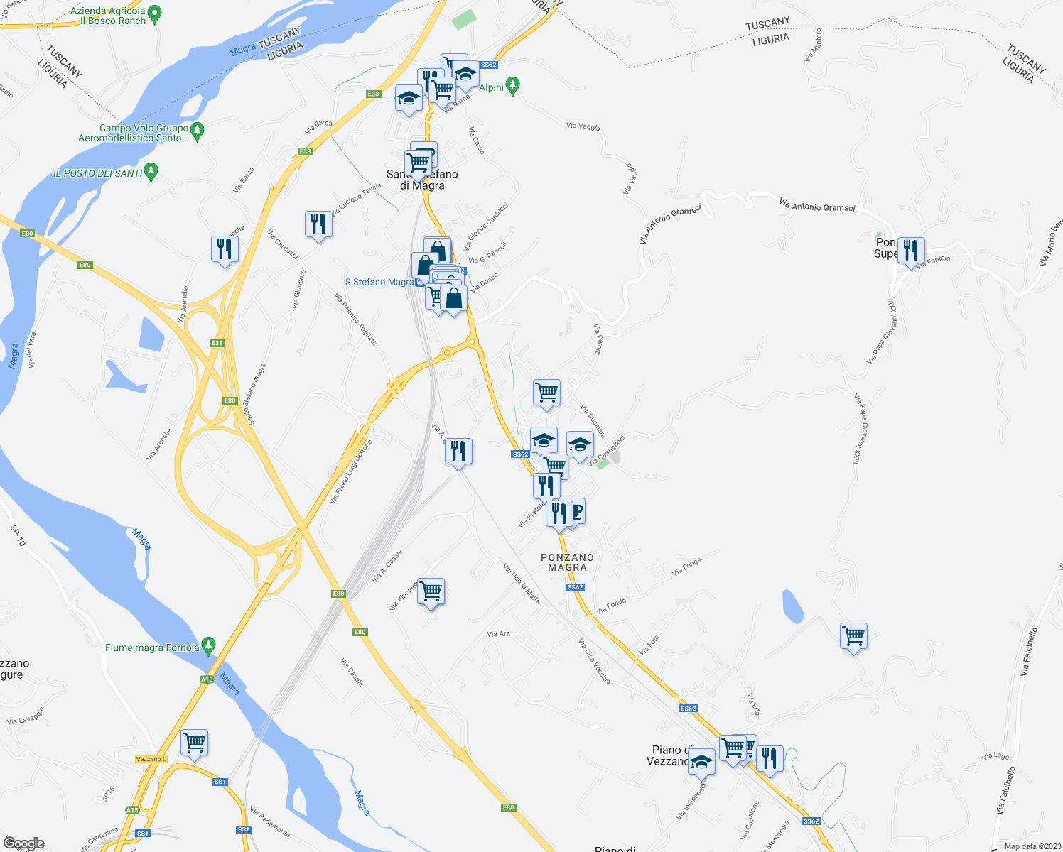 map of restaurants, bars, coffee shops, grocery stores, and more near 28 Via Cerreti in Santo Stefano di Magra