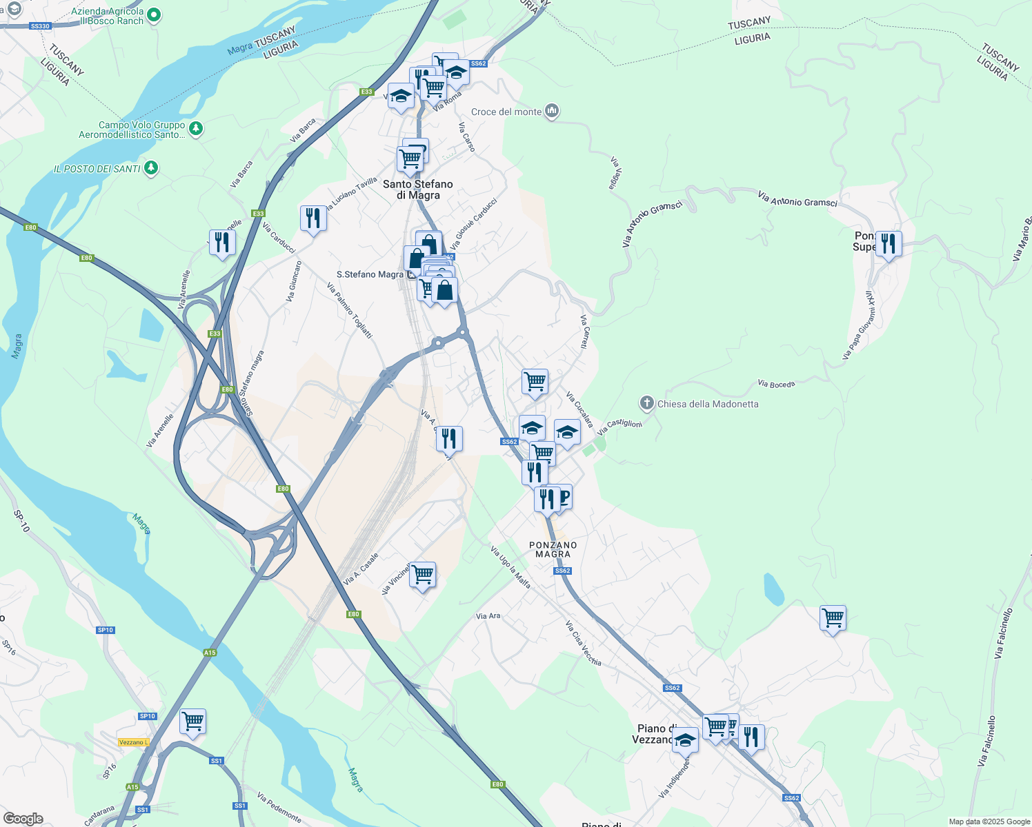 map of restaurants, bars, coffee shops, grocery stores, and more near 28 Via Cerreti in Santo Stefano di Magra