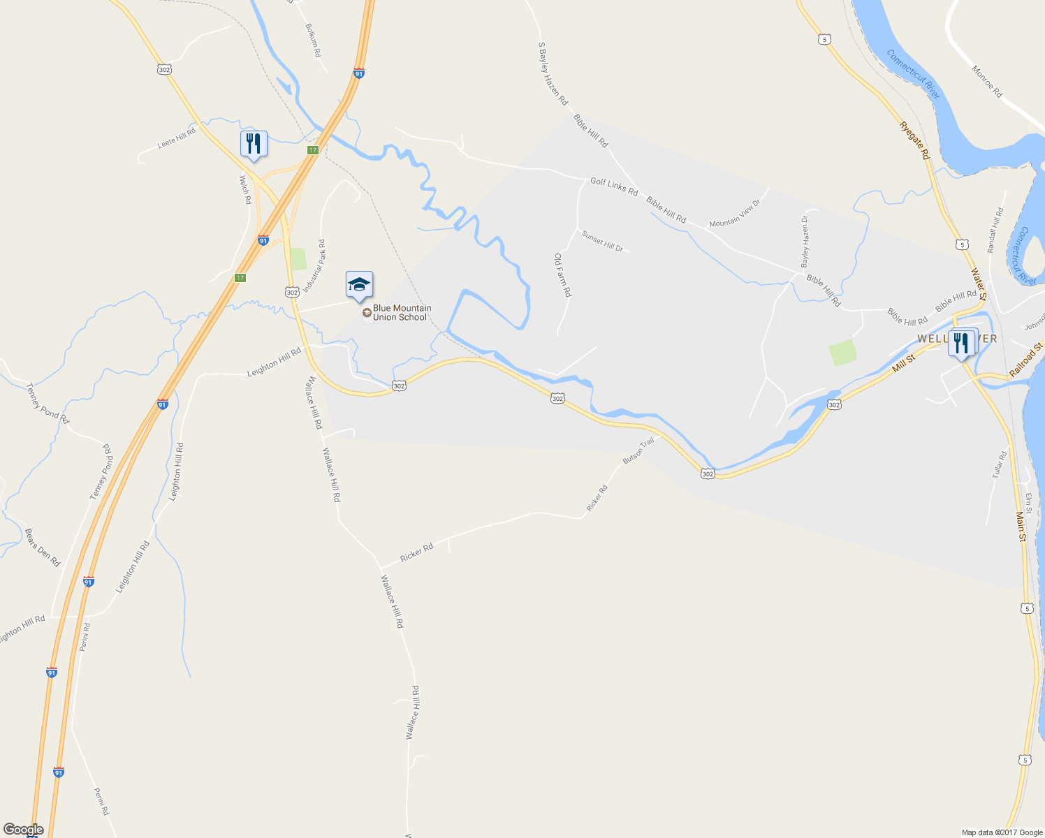 map of restaurants, bars, coffee shops, grocery stores, and more near 1541 U.S. 302 in Newbury