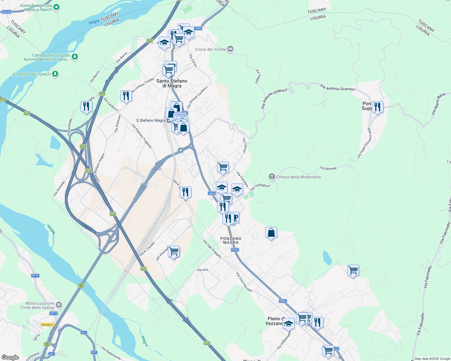map of restaurants, bars, coffee shops, grocery stores, and more near 82 Via Enrico Berlinguer in Santo Stefano di Magra
