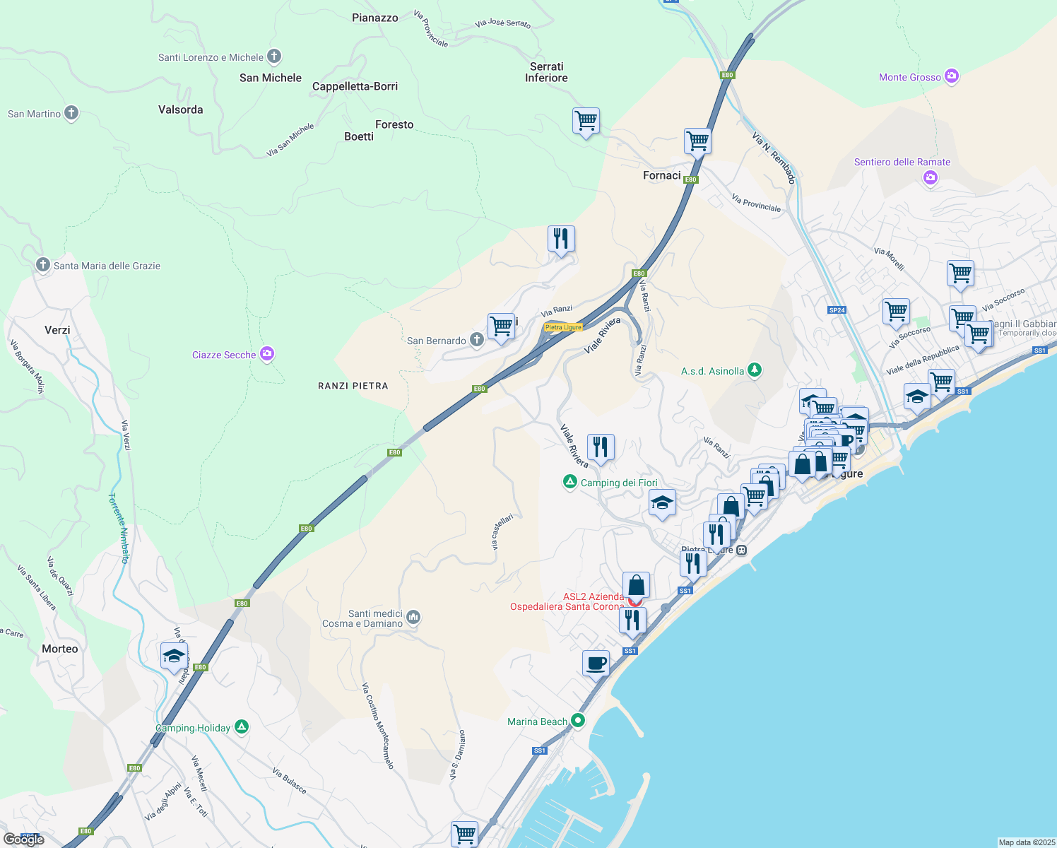 map of restaurants, bars, coffee shops, grocery stores, and more near 16 via castellari in Pietra Ligure