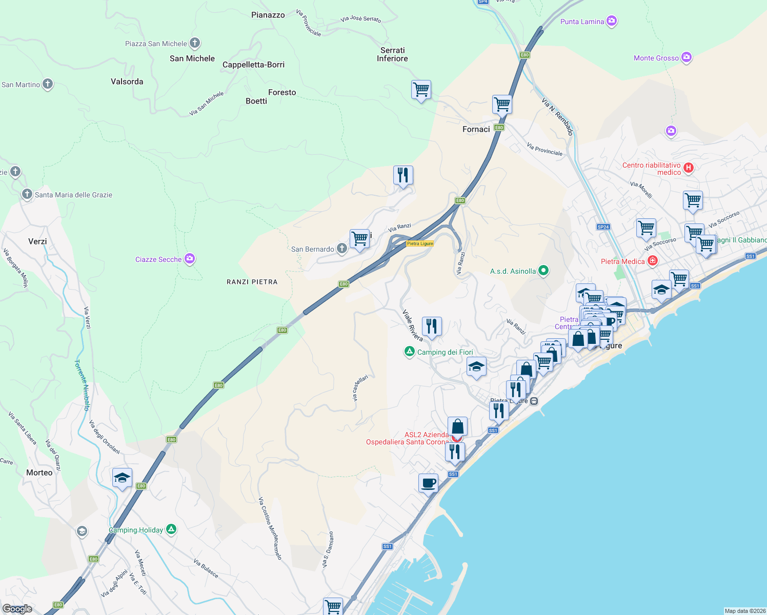 map of restaurants, bars, coffee shops, grocery stores, and more near 16 via castellari in Pietra Ligure