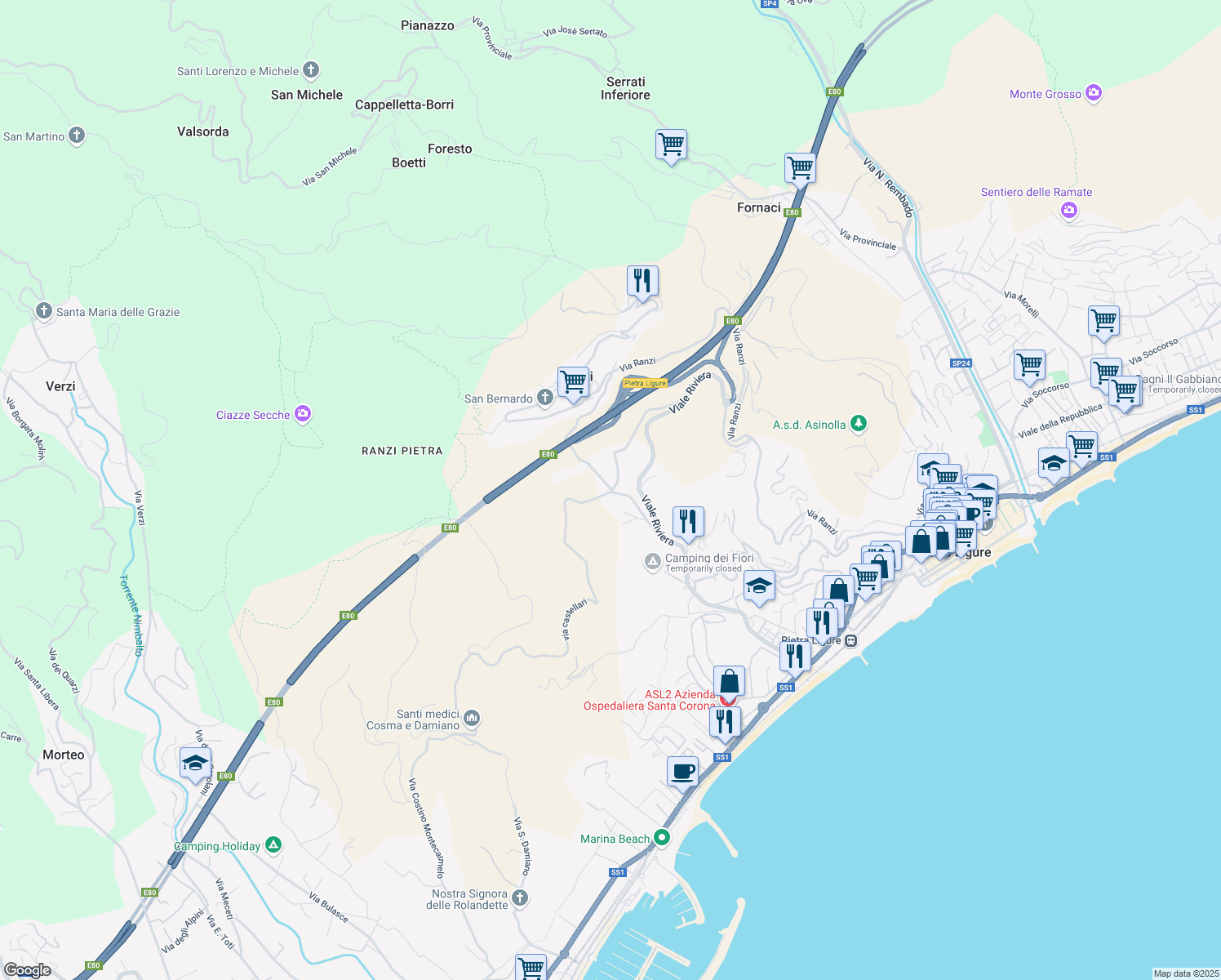 map of restaurants, bars, coffee shops, grocery stores, and more near 16 via castellari in Pietra Ligure