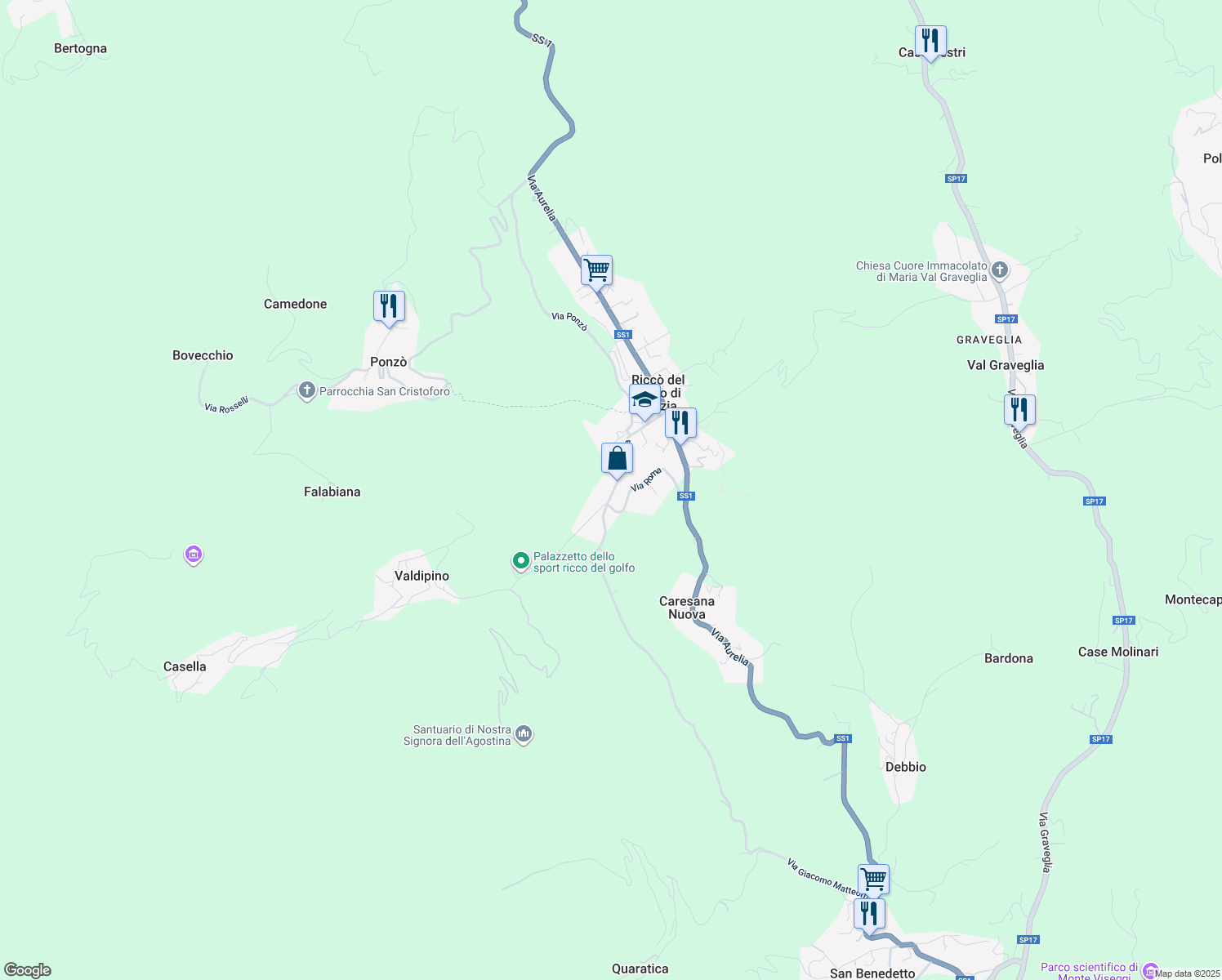 map of restaurants, bars, coffee shops, grocery stores, and more near 82 Via Roma in Riccò del Golfo