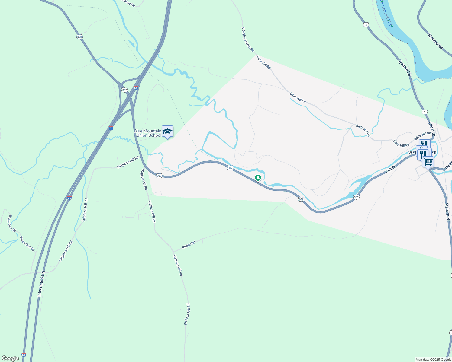 map of restaurants, bars, coffee shops, grocery stores, and more near 1541 U.S. 302 in Newbury