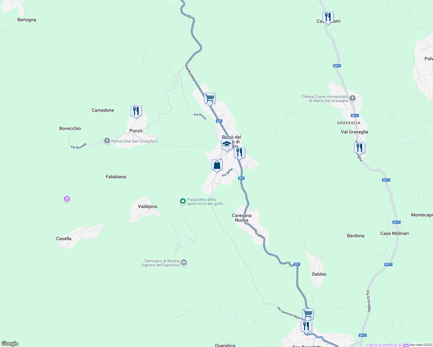 map of restaurants, bars, coffee shops, grocery stores, and more near 82 Via Roma in Riccò del Golfo