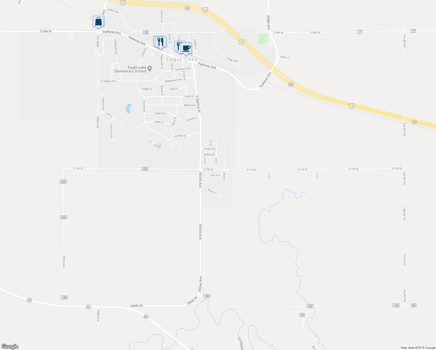map of restaurants, bars, coffee shops, grocery stores, and more near 244 Oak Drive in Eagle Lake