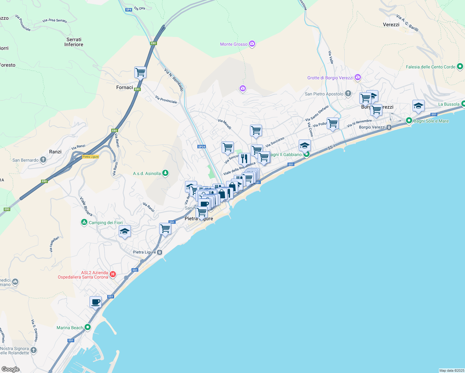 map of restaurants, bars, coffee shops, grocery stores, and more near 63 Via Altini in Pietra Ligure