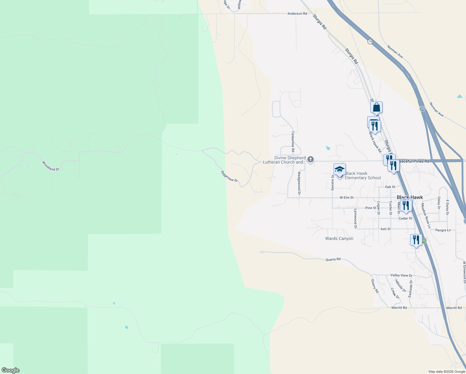map of restaurants, bars, coffee shops, grocery stores, and more near 6700-7198 East Ridge Road in Blackhawk