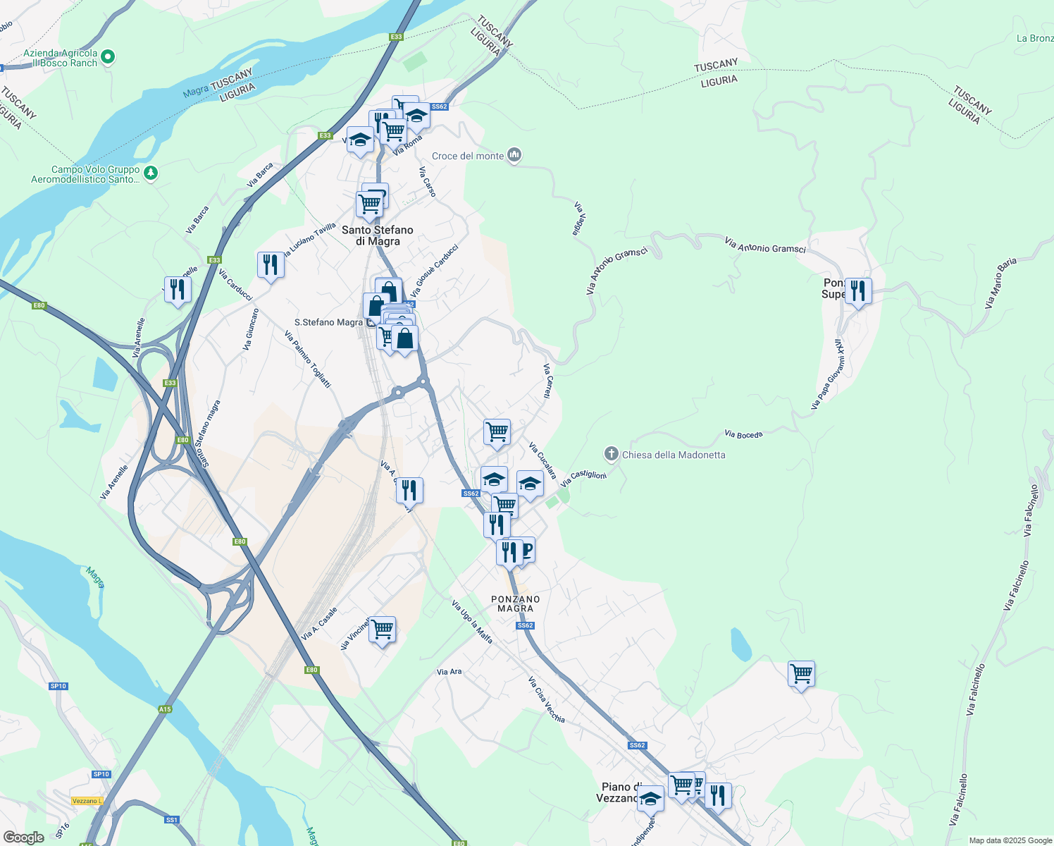 map of restaurants, bars, coffee shops, grocery stores, and more near 73 Via Cerreti in Santo Stefano di Magra