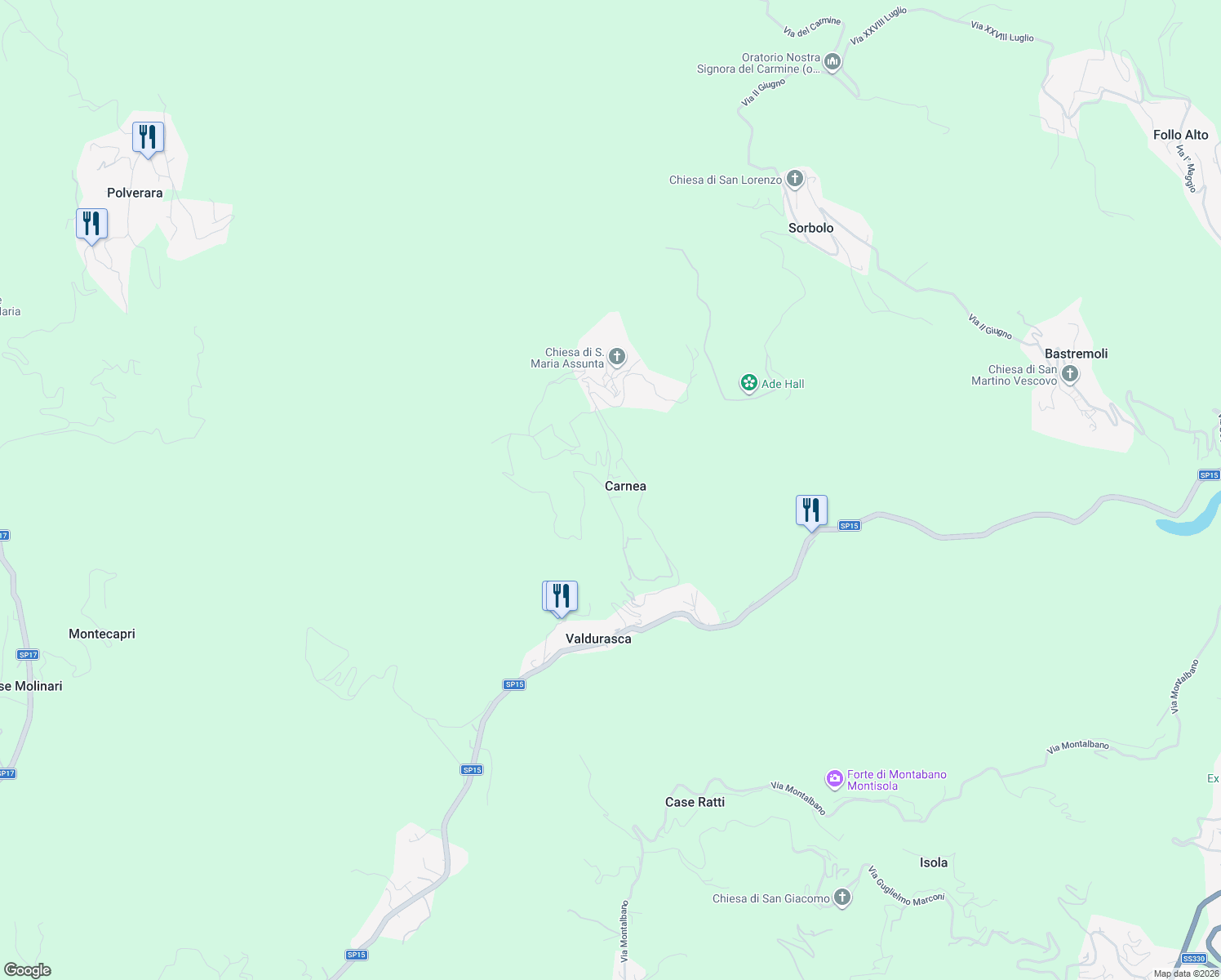 map of restaurants, bars, coffee shops, grocery stores, and more near 13 Via San Rocco in Carnea