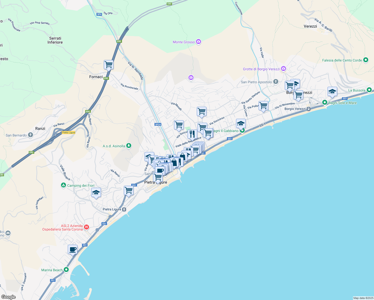 map of restaurants, bars, coffee shops, grocery stores, and more near 63 Via Altini in Pietra Ligure