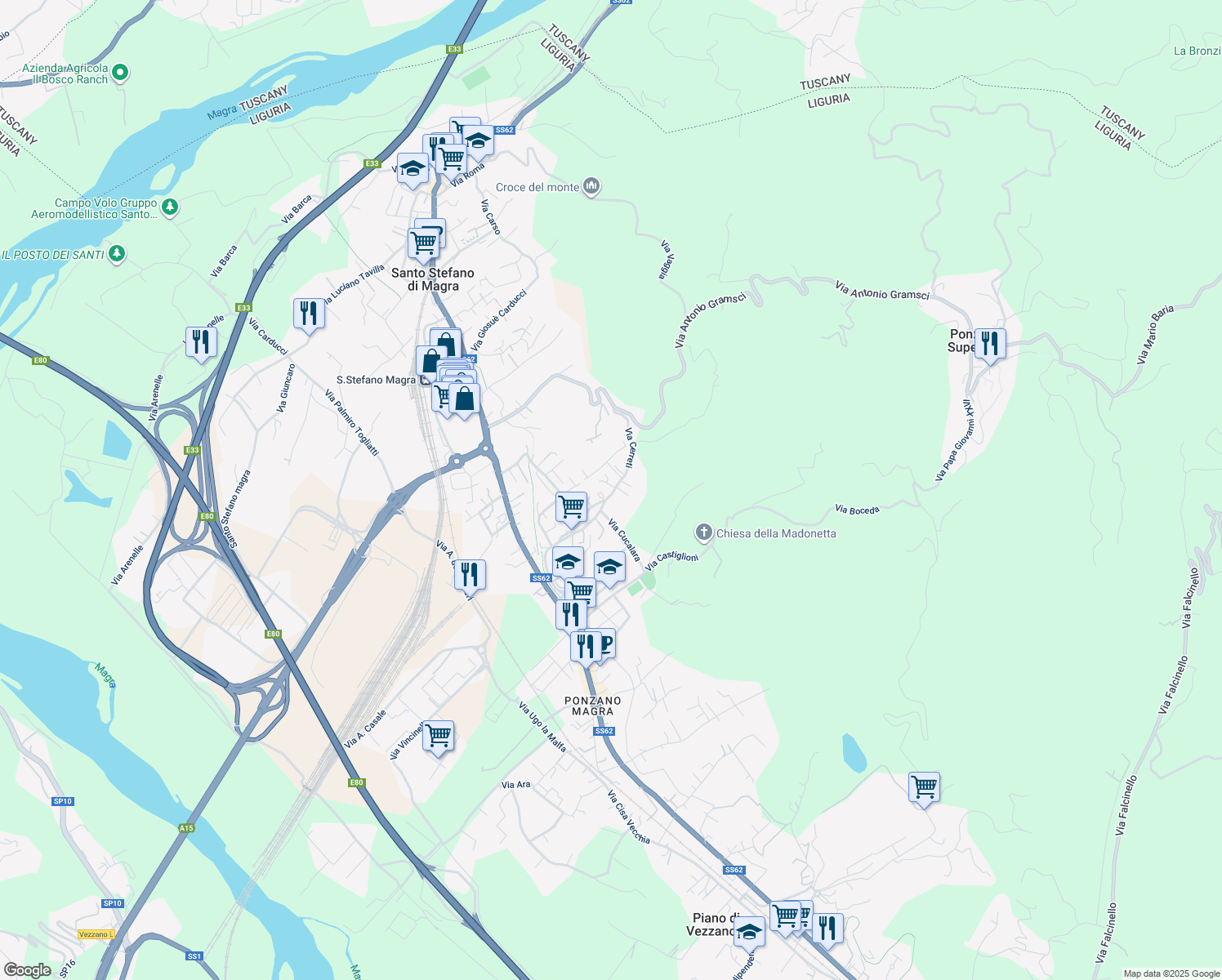 map of restaurants, bars, coffee shops, grocery stores, and more near 73 Via Cerreti in Santo Stefano di Magra