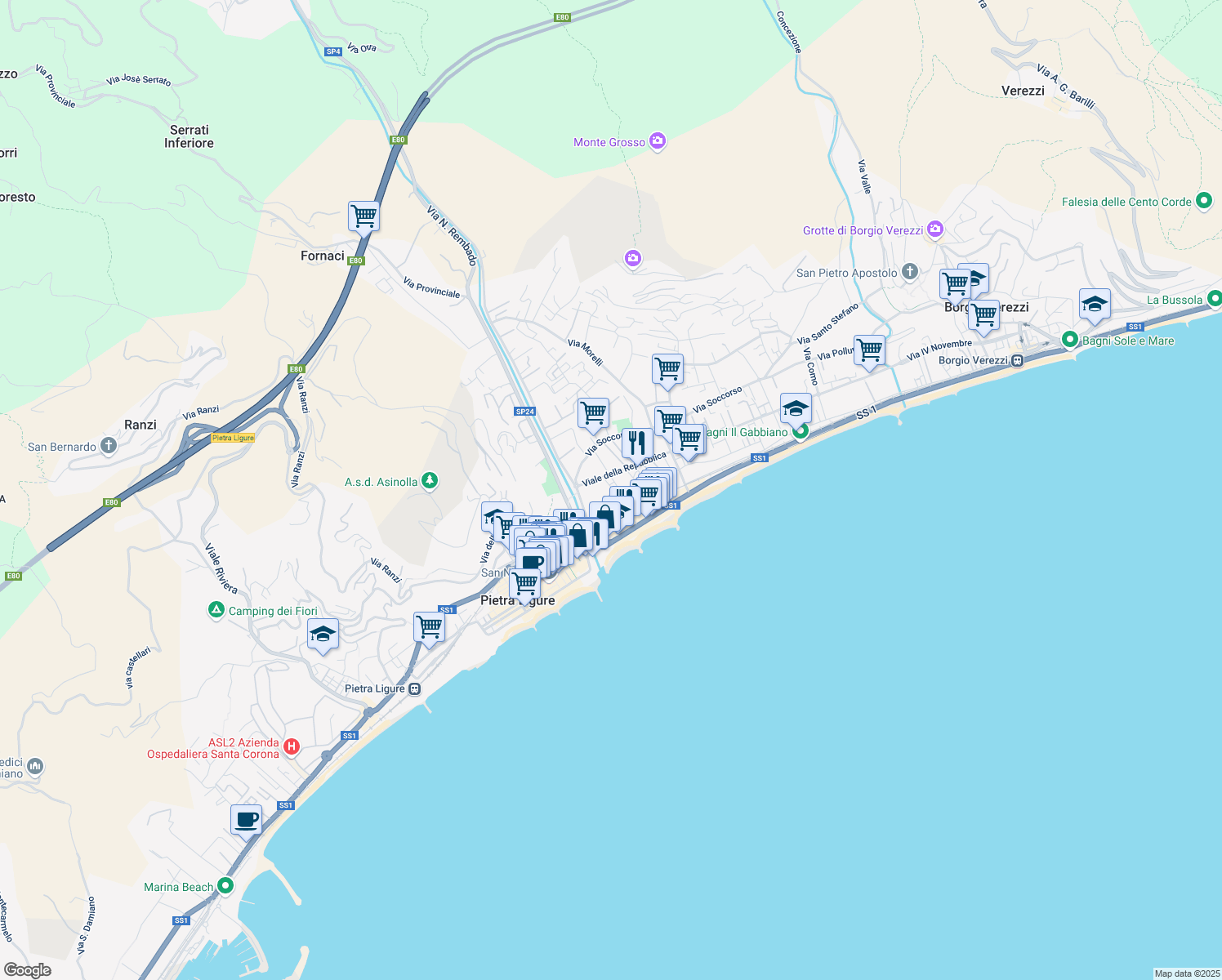 map of restaurants, bars, coffee shops, grocery stores, and more near 63 Via Altini in Pietra Ligure