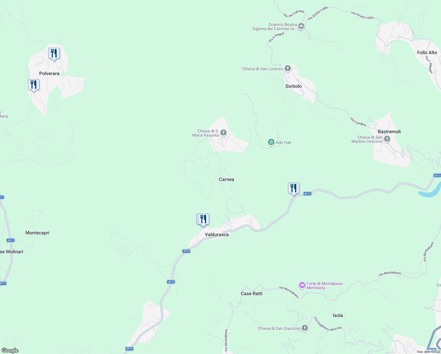 map of restaurants, bars, coffee shops, grocery stores, and more near 13 Via San Rocco in Carnea