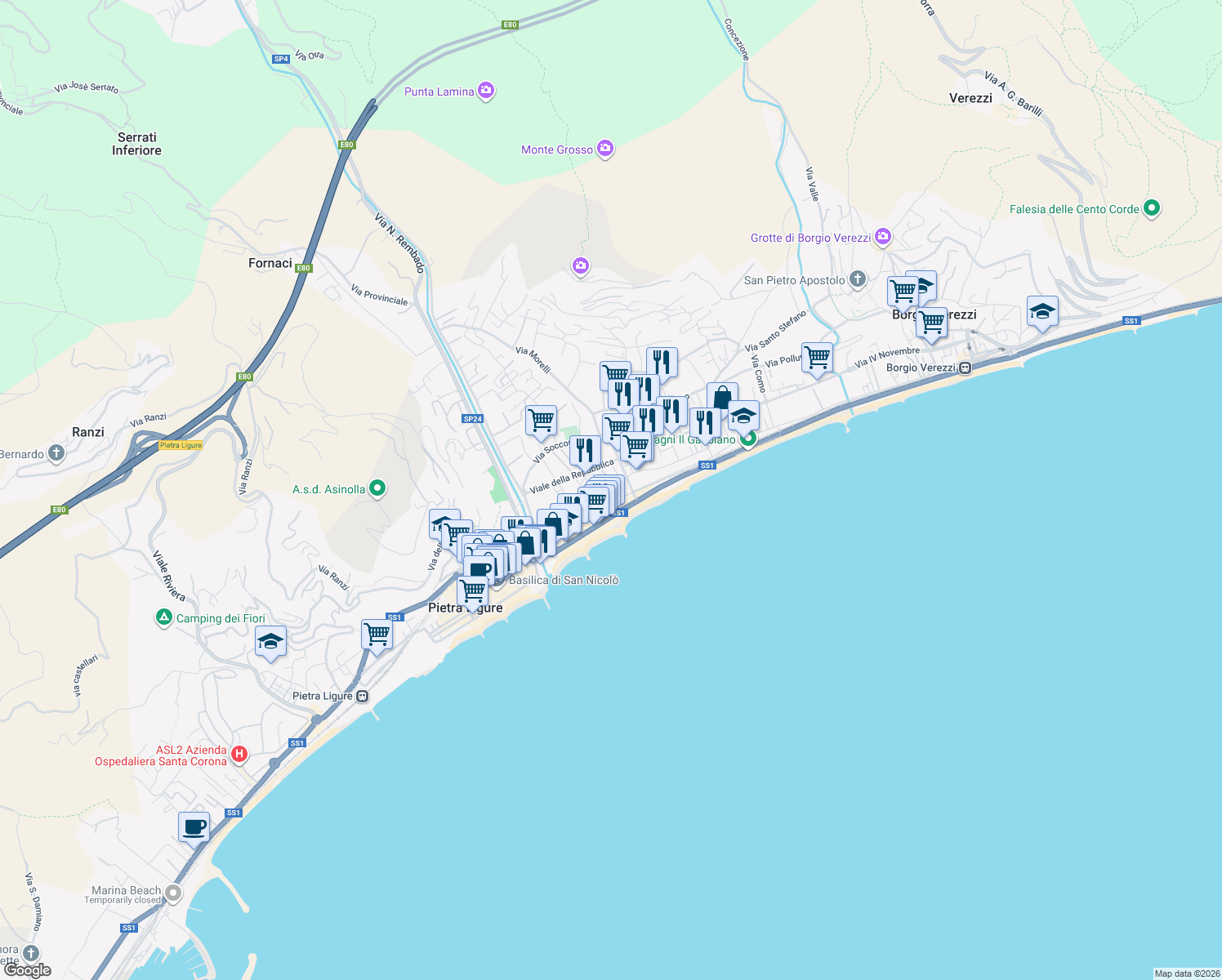 map of restaurants, bars, coffee shops, grocery stores, and more near 179 Corso Italia in Pietra Ligure