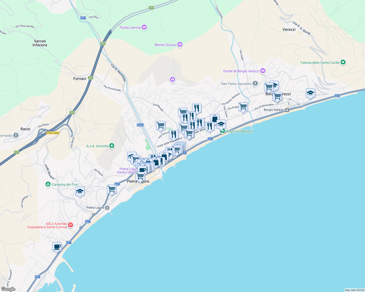 map of restaurants, bars, coffee shops, grocery stores, and more near 179 Corso Italia in Pietra Ligure