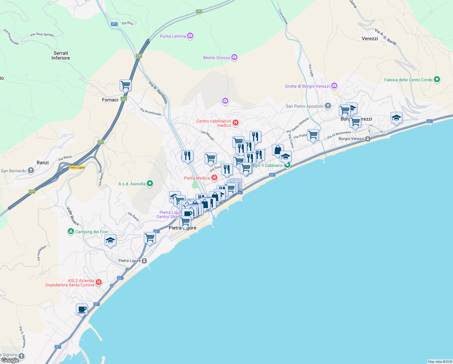 map of restaurants, bars, coffee shops, grocery stores, and more near 99 Viale della Repubblica in Pietra Ligure