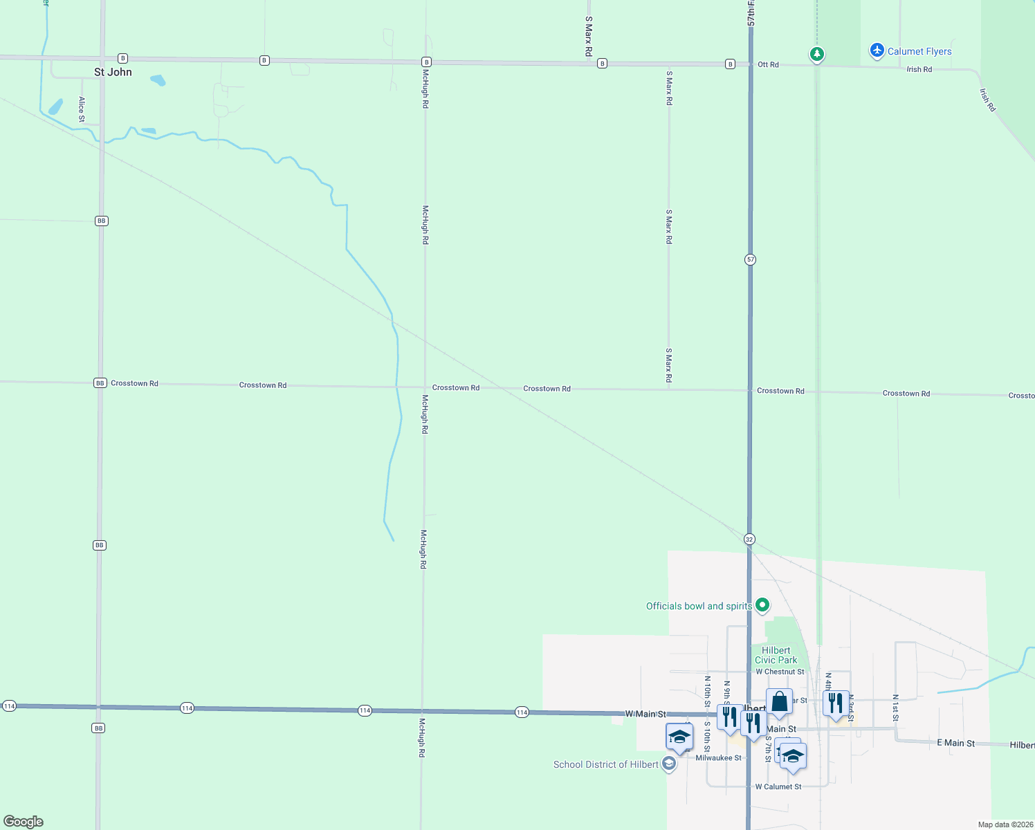 map of restaurants, bars, coffee shops, grocery stores, and more near W2777 Crosstown Rd in Hilbert