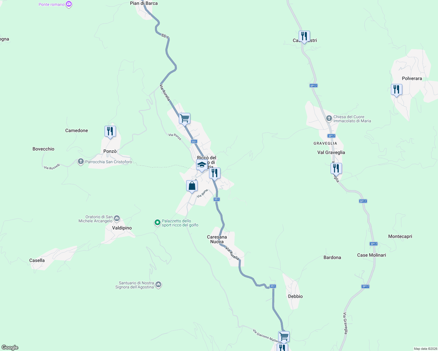 map of restaurants, bars, coffee shops, grocery stores, and more near 4 Via della Repubblica in Riccò del Golfo
