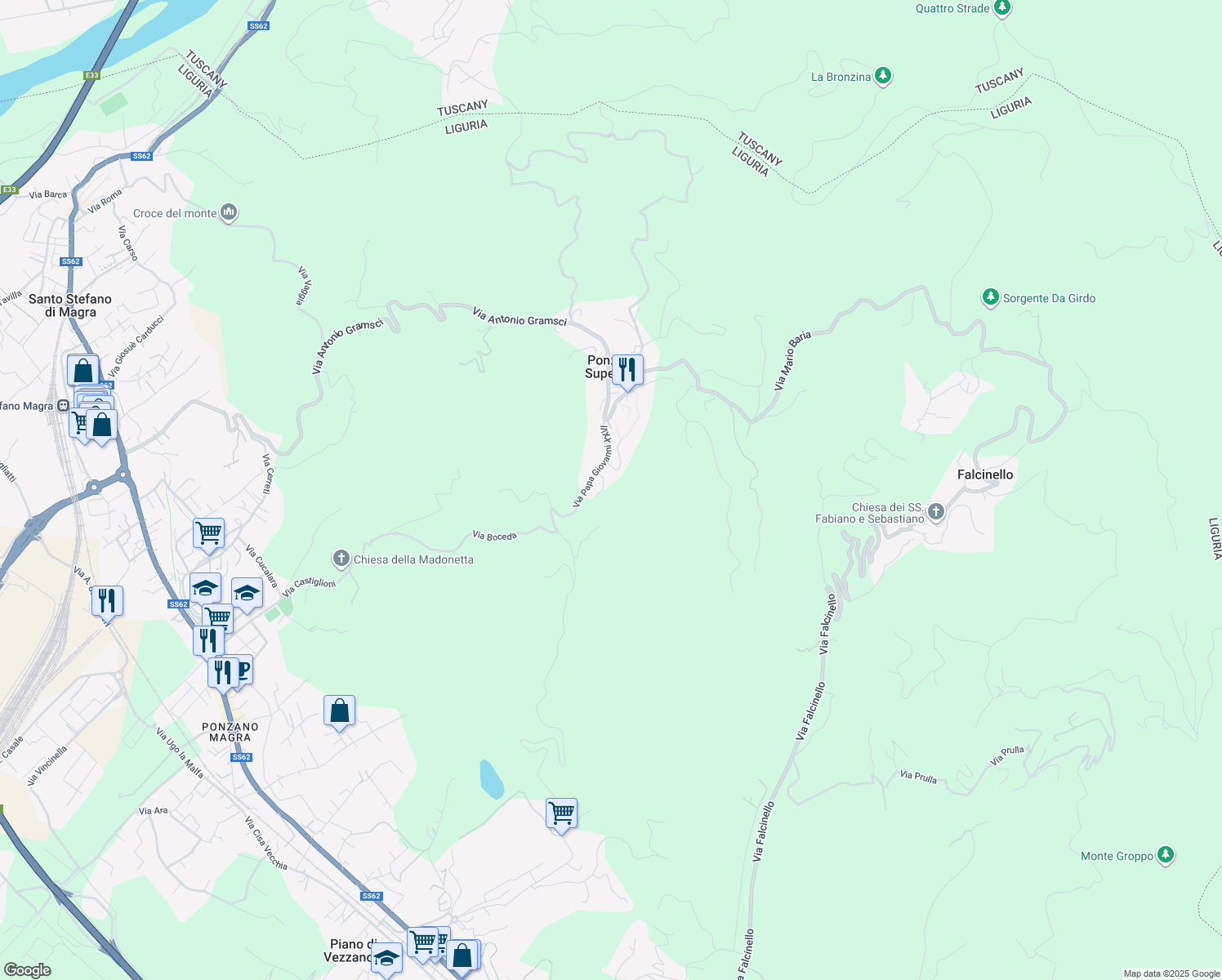 map of restaurants, bars, coffee shops, grocery stores, and more near 28 Via Papa Giovanni XXIII in Ponzano Superiore