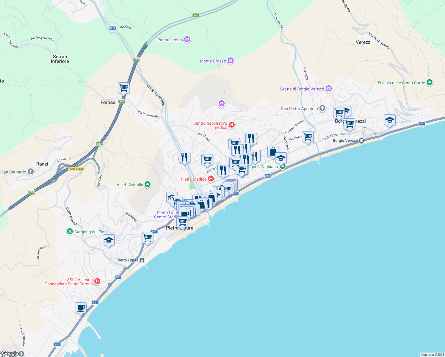 map of restaurants, bars, coffee shops, grocery stores, and more near 99 Viale della Repubblica in Pietra Ligure