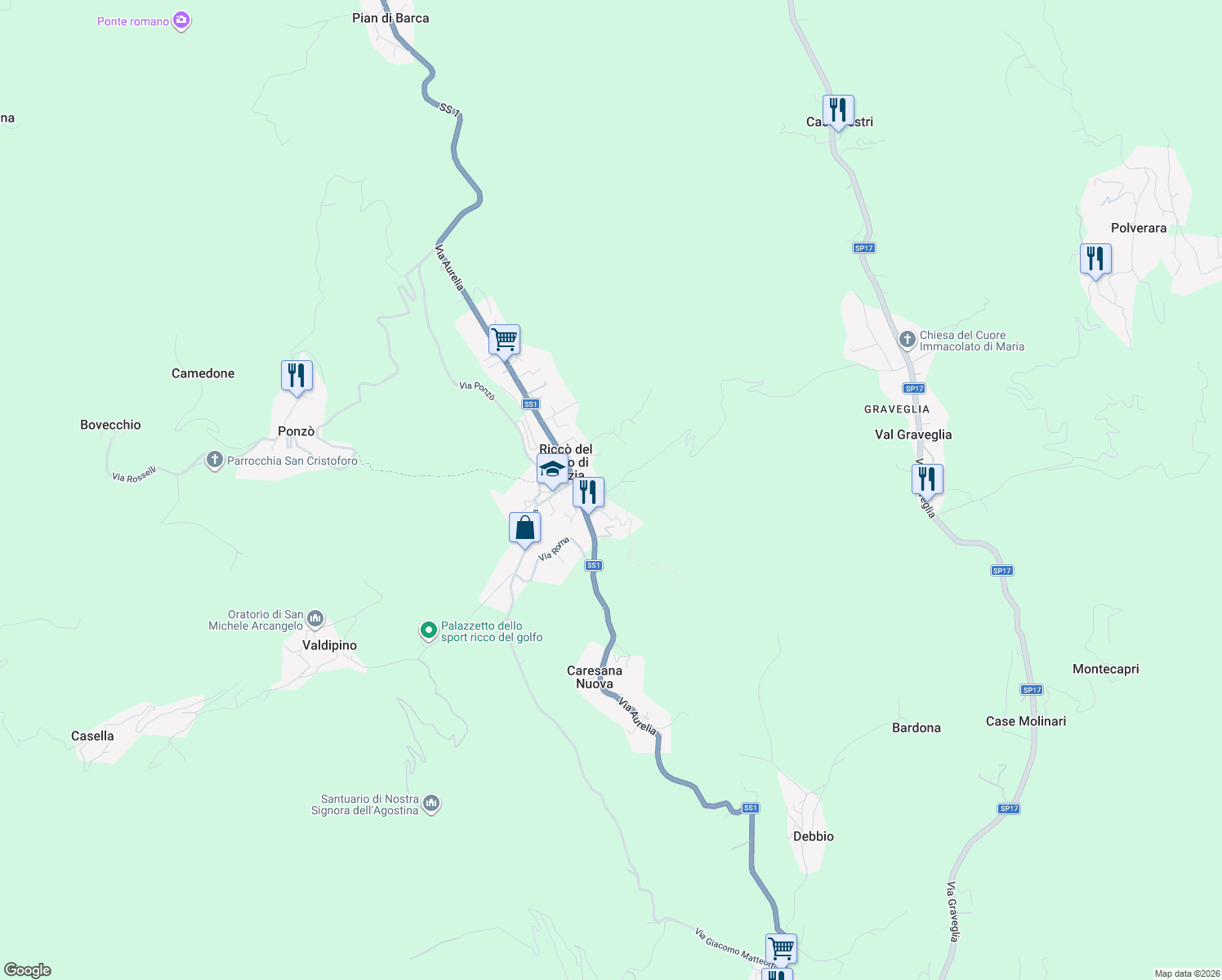 map of restaurants, bars, coffee shops, grocery stores, and more near 4 Via della Repubblica in Riccò del Golfo