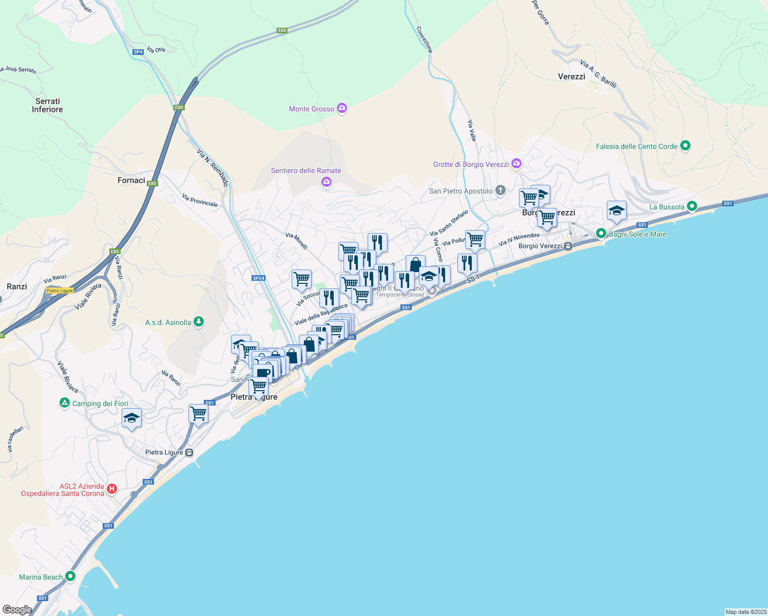 map of restaurants, bars, coffee shops, grocery stores, and more near 134 Via Cesare Battisti in Pietra Ligure