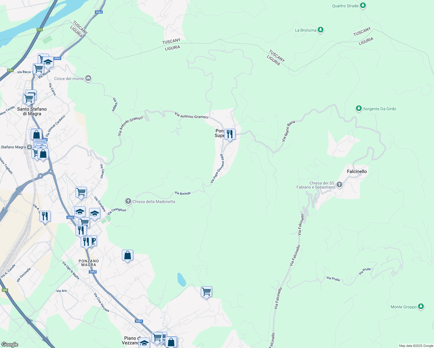 map of restaurants, bars, coffee shops, grocery stores, and more near 28 Via Papa Giovanni XXIII in Ponzano Superiore