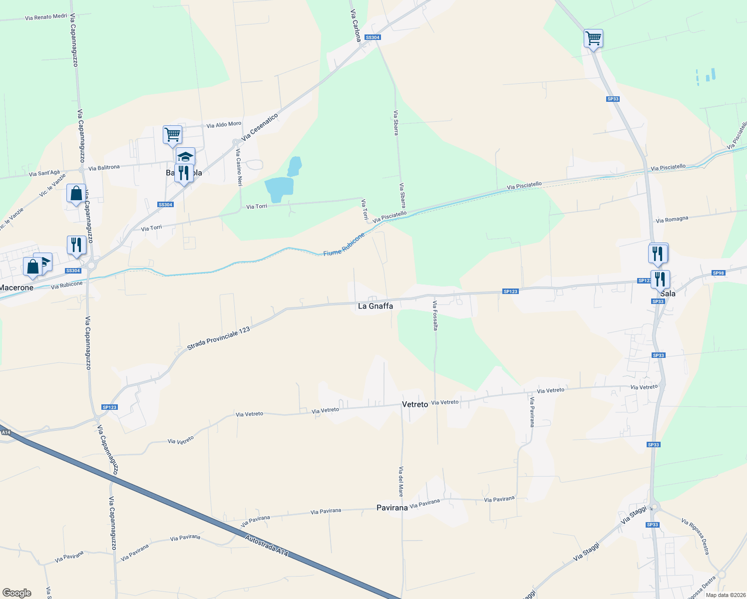map of restaurants, bars, coffee shops, grocery stores, and more near 148 Via Stradone Sala in La Gnaffa