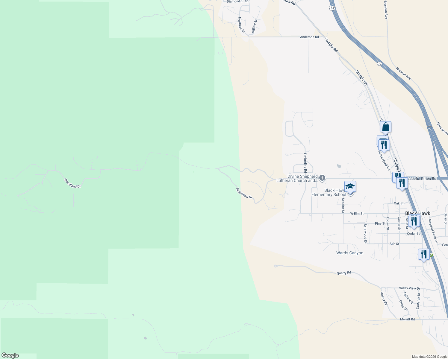 map of restaurants, bars, coffee shops, grocery stores, and more near 6909 Ridgeview Drive in Black Hawk