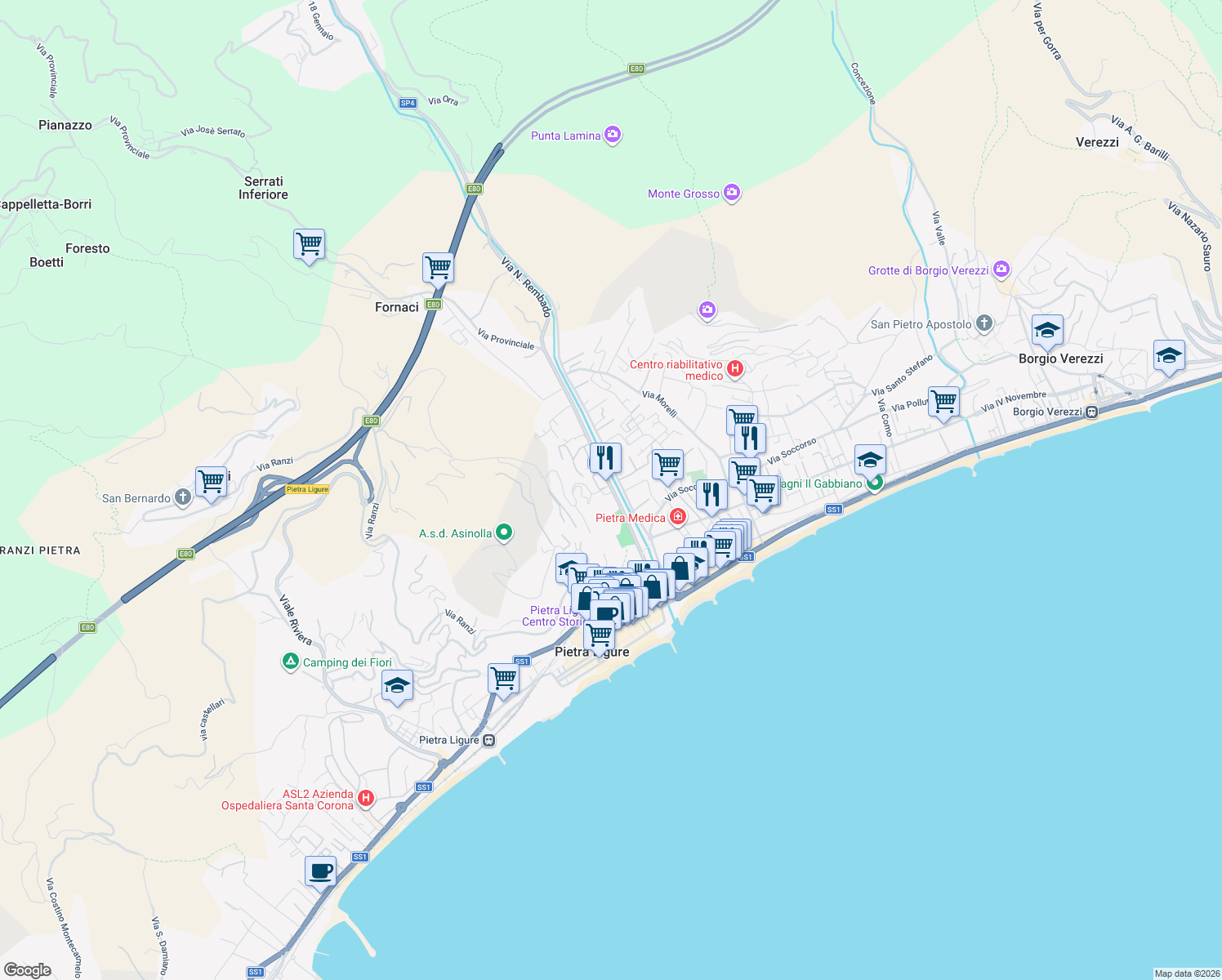 map of restaurants, bars, coffee shops, grocery stores, and more near 47 Via Francesco Crispi in Pietra Ligure