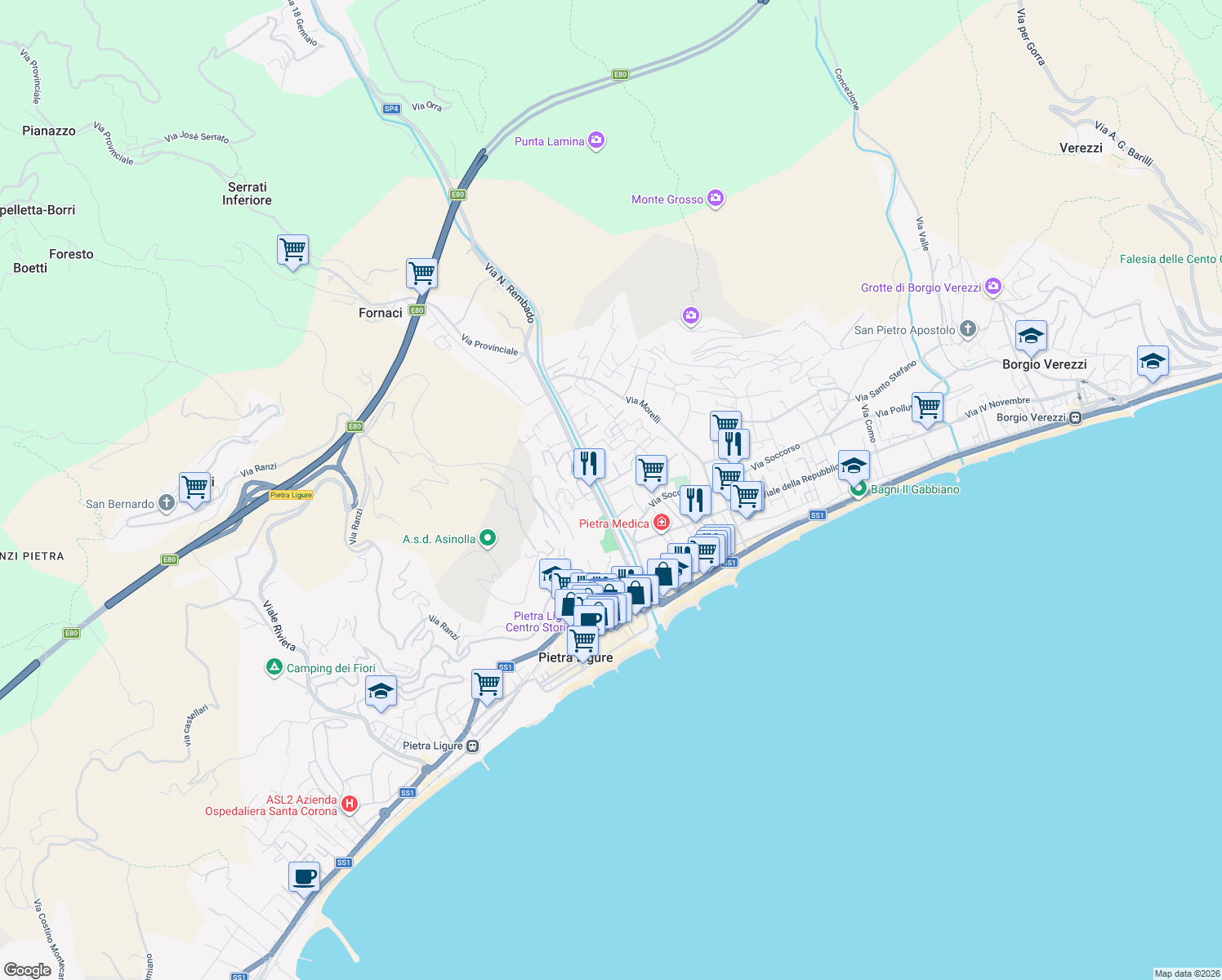 map of restaurants, bars, coffee shops, grocery stores, and more near 46 Via Nazario Sauro in Pietra Ligure