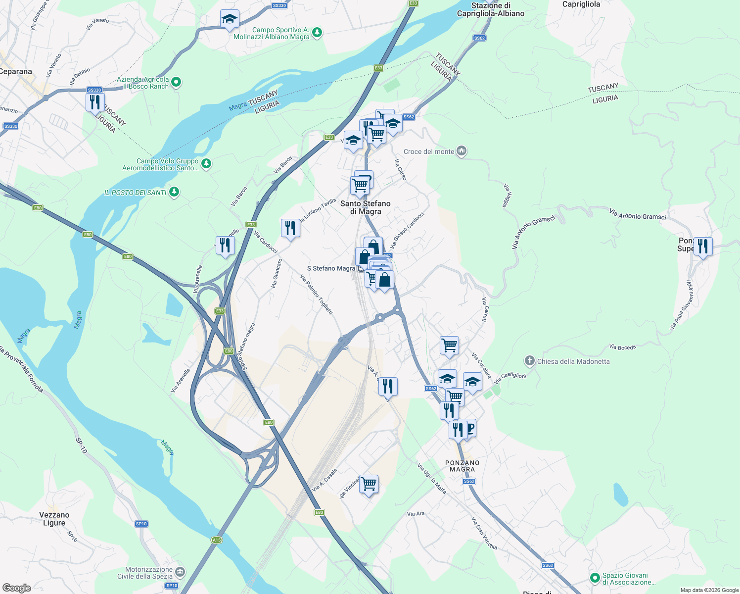 map of restaurants, bars, coffee shops, grocery stores, and more near Via Arzelà in Santo Stefano di Magra