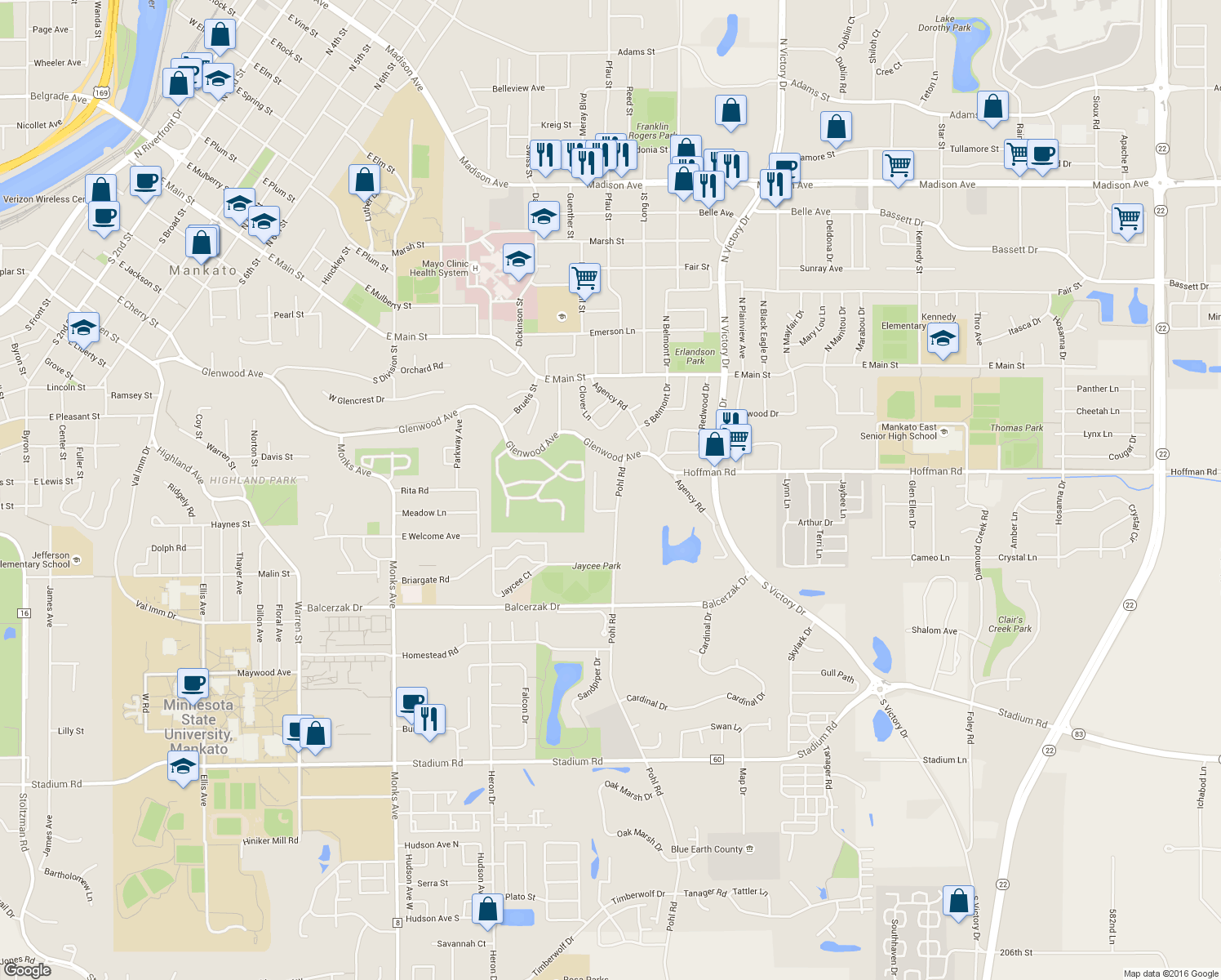 map of restaurants, bars, coffee shops, grocery stores, and more near 126 Pohl Road in Mankato