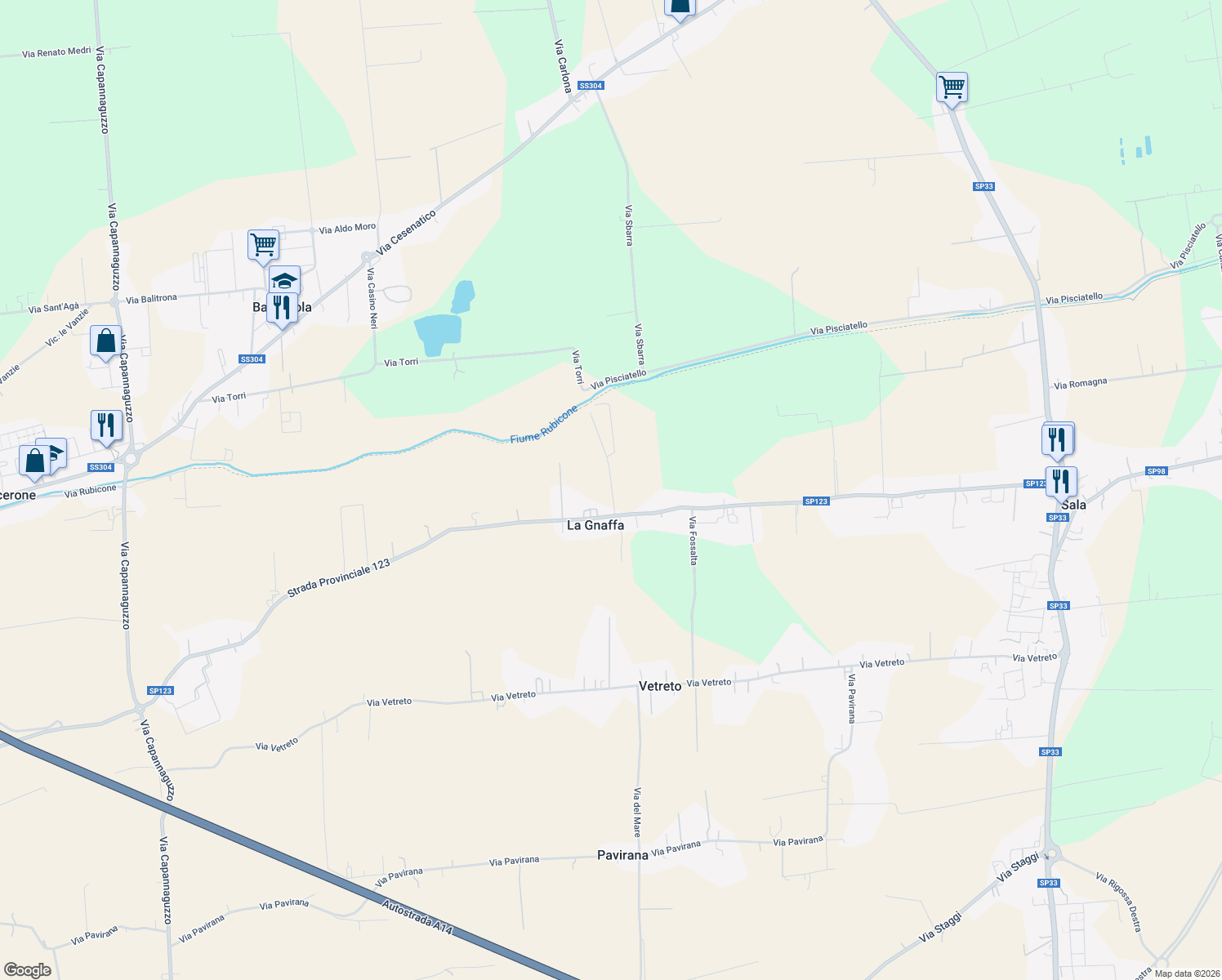 map of restaurants, bars, coffee shops, grocery stores, and more near 148 Via Stradone Sala in La Gnaffa