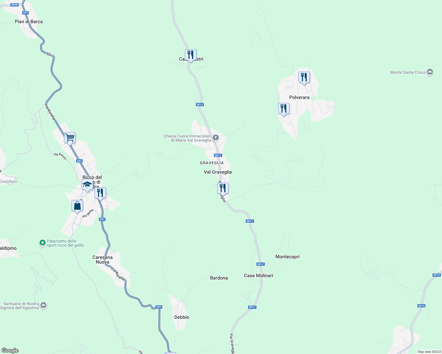 map of restaurants, bars, coffee shops, grocery stores, and more near 58 Via Graveglia in Val Graveglia