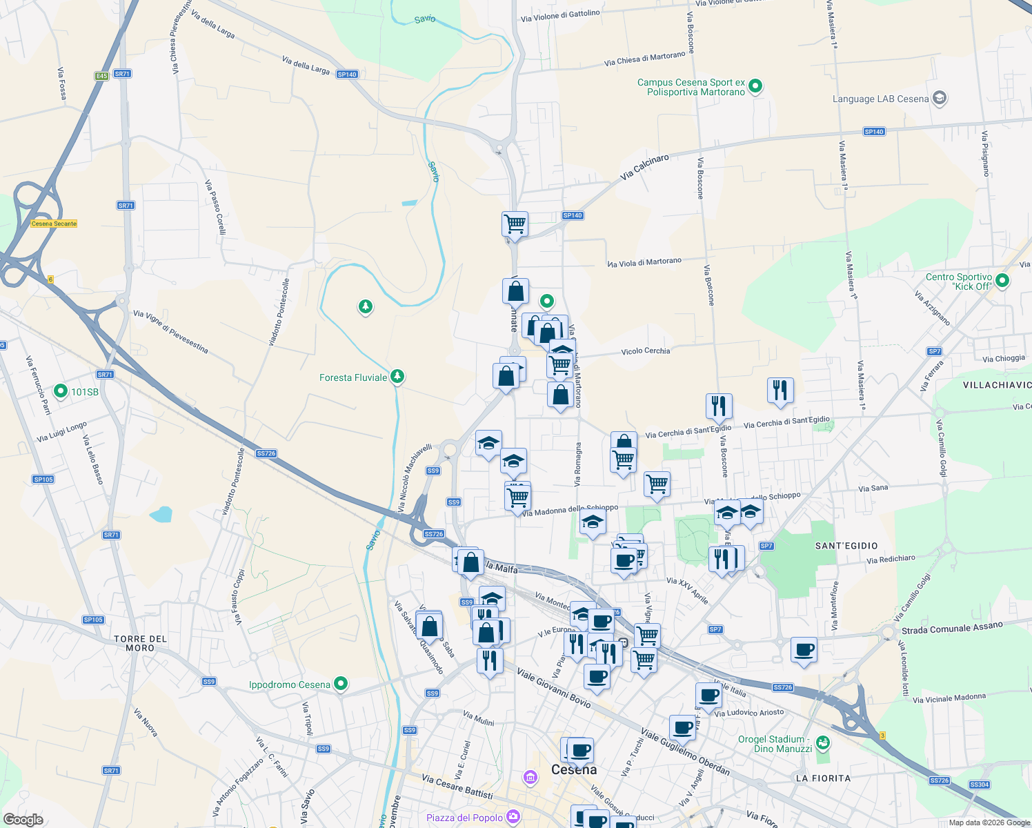 map of restaurants, bars, coffee shops, grocery stores, and more near 900 Via Ravennate in Cesena