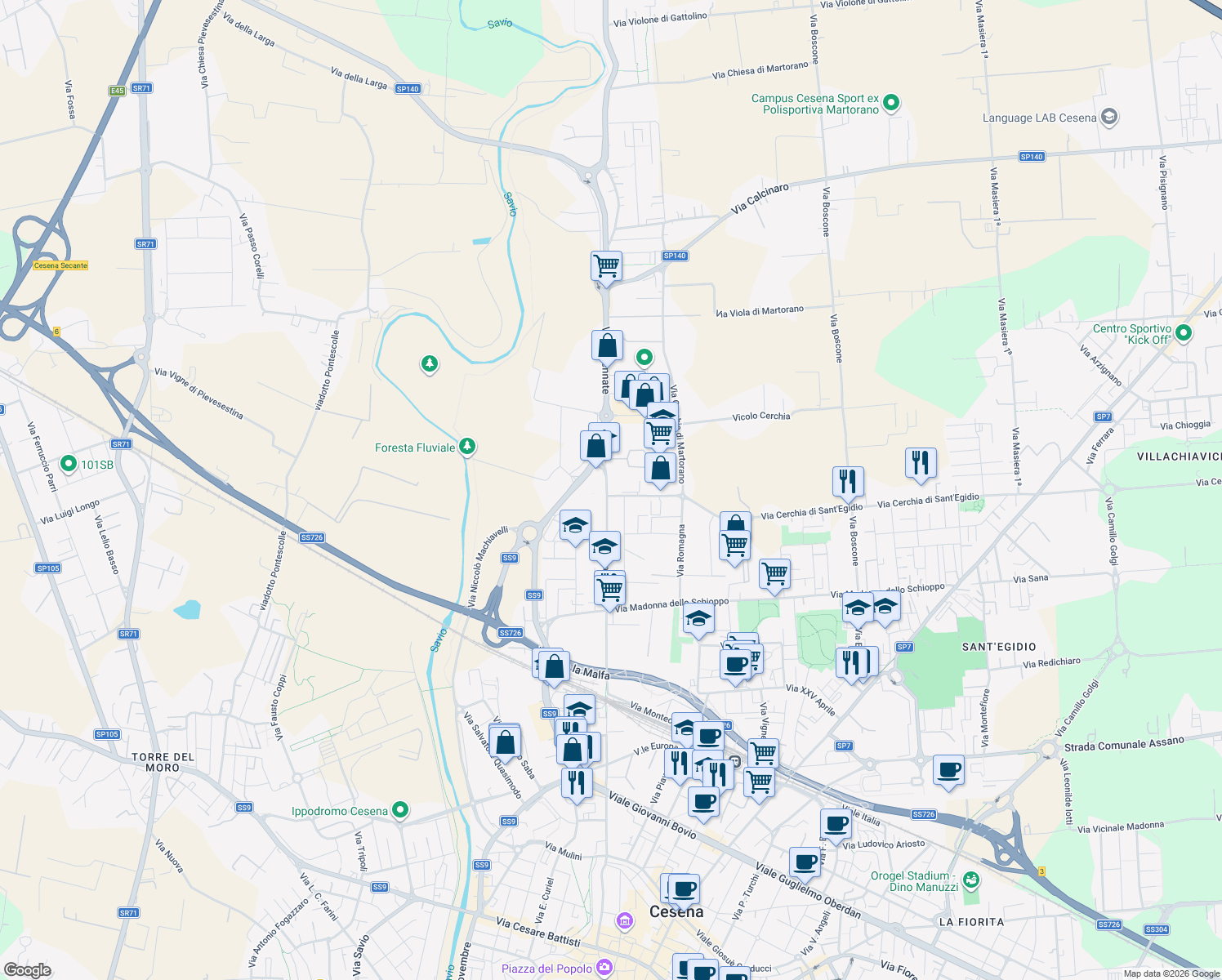 map of restaurants, bars, coffee shops, grocery stores, and more near 900 Via Ravennate in Cesena