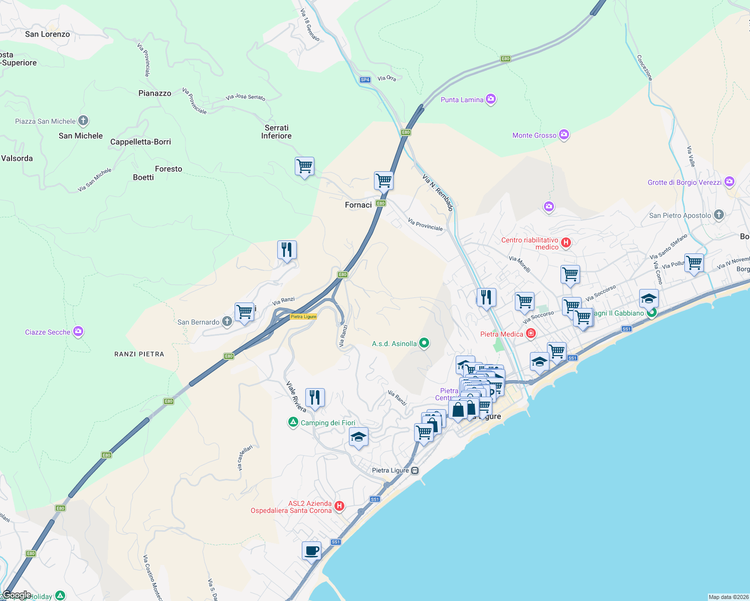 map of restaurants, bars, coffee shops, grocery stores, and more near 176B Via Ranzi in Pietra Ligure