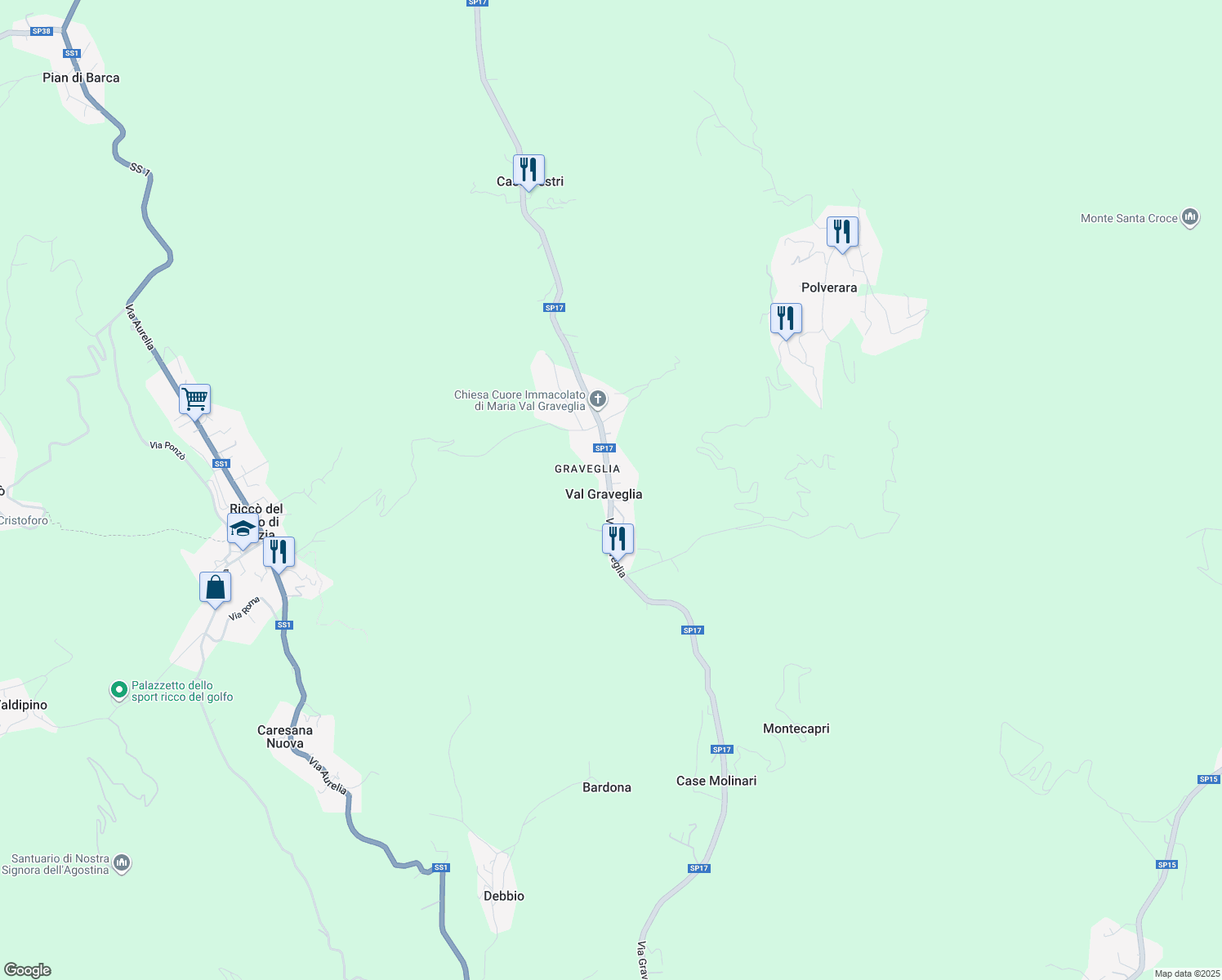 map of restaurants, bars, coffee shops, grocery stores, and more near 58 Via Graveglia in Val Graveglia