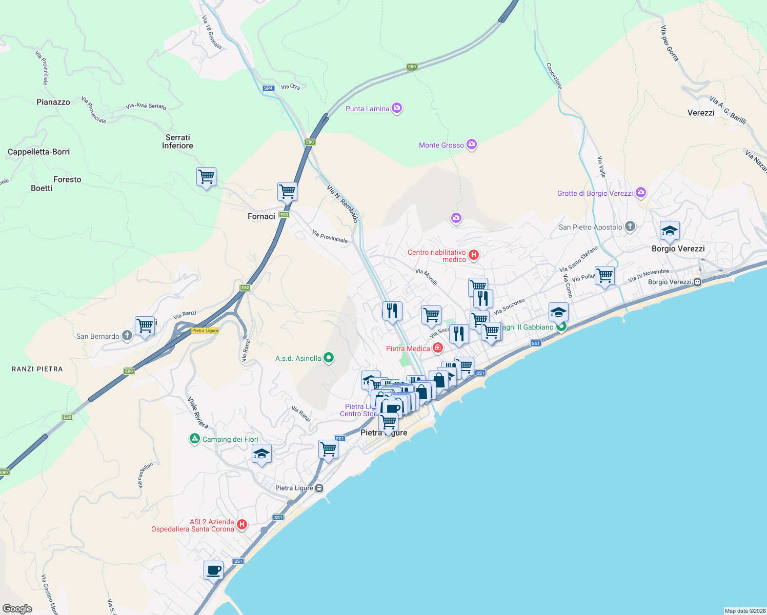 map of restaurants, bars, coffee shops, grocery stores, and more near 47 Via Francesco Crispi in Pietra Ligure